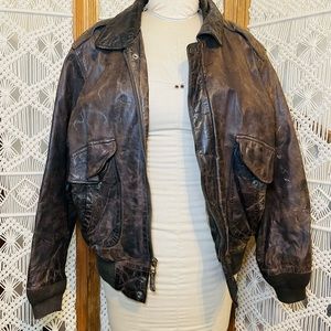 Vintage oversized leather bomber flight jacket, perfectly worn and weathered, L